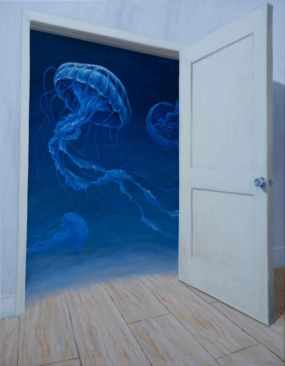 Artist Julio Figueroa-Beltrán is featured in a new Davis Art Center exhibit, including his surreal painting "Persuasion Room."