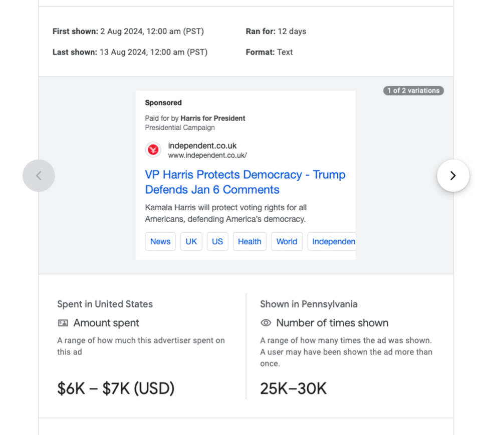 Screenshot shows fake headline of The Independent article that appeared on Google and the amount Harris campaign paid the tech giant (Google/Google Ad Transparency Center)