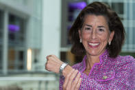 In this Tuesday, Sept. 28, 2021, photo Commerce Secretary Gina Raimondo poses for a photograph with her Bulova watch. Raimondo only wears watches made by Bulova — a company that fired her scientist father, closed its Rhode Island factory and moved production to China in 1983. “It’s been a tribute to my dad," Raimondo said in an interview, “and a reminder to me that we need to do more to get good manufacturing jobs in America.” (AP Photo/Alex Brandon)