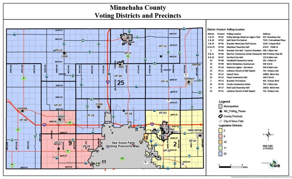 Map of Minnehaha County's voting district and precincts as of February 14, 2022.