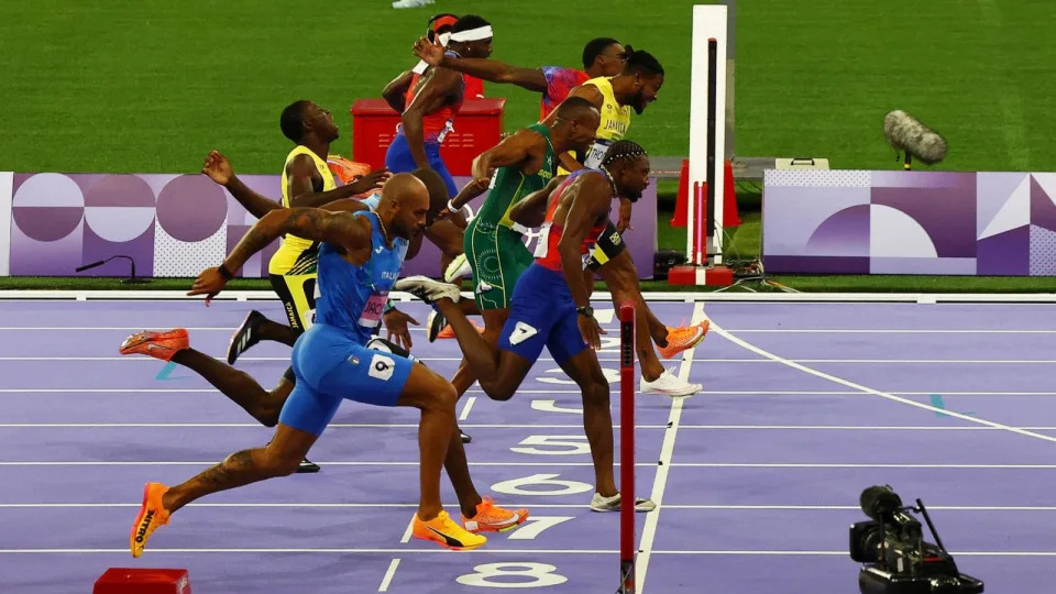 PHOTO: Noah Lyles of the U.S crosses the finish line to win the men's 100m final at the 2024 Paris Olympic Games, Aug. 4, 2024. (Agustin Marcarian/Reuters)