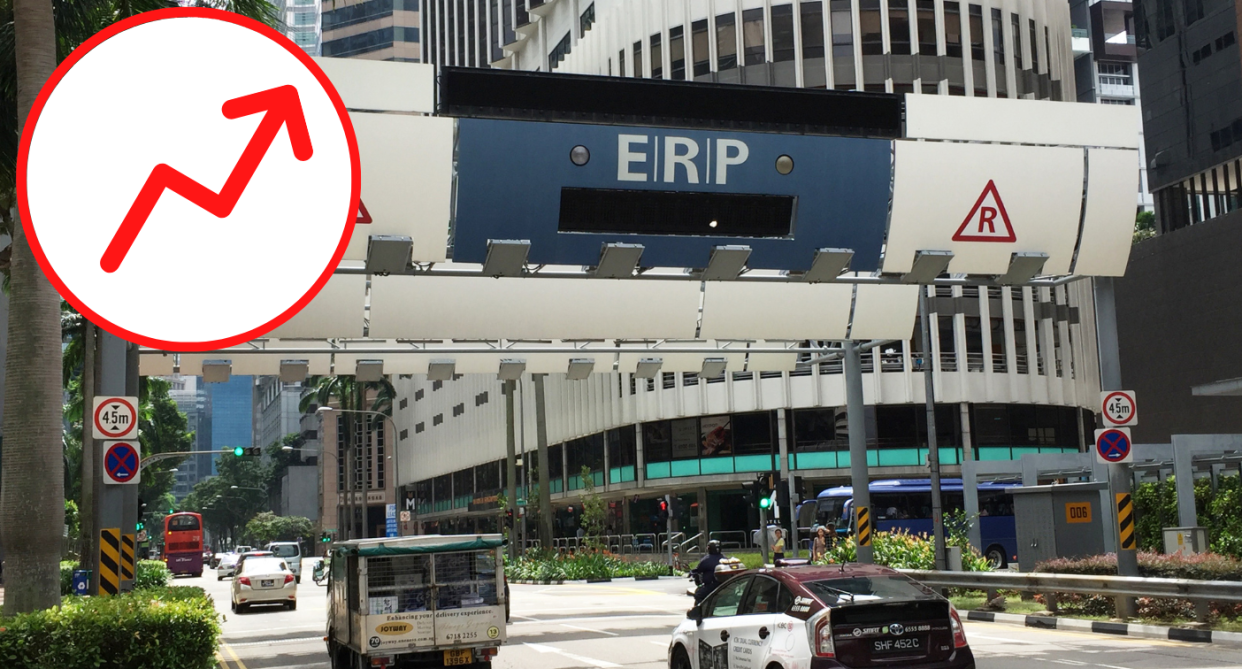 Photo shows cars travelling on a road under an ERP gantry with a circular inset showing an arrow pointing up. (PHOTO: Getty)