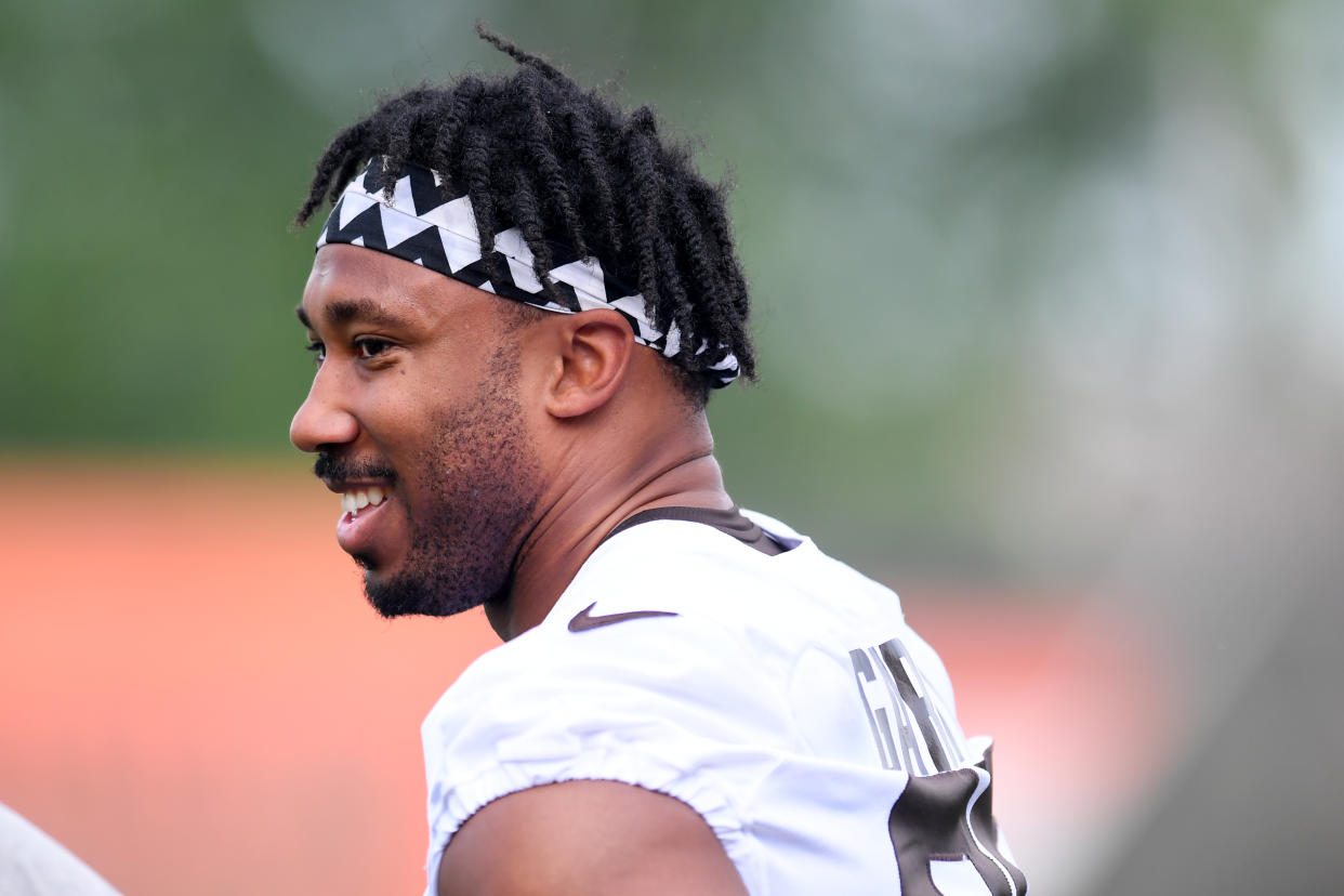 BEREA, OH - JUNE 01: Myles Garrett #95 of the Cleveland Browns looks on during the Cleveland Browns offseason workout at CrossCountry Mortgage Campus on June 1, 2022 in Berea, Ohio. (Photo by Nick Cammett/Diamond Images via Getty Images)