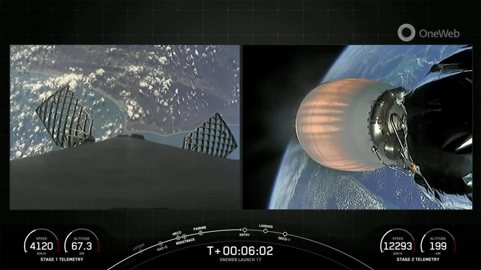 A camera on the Falcon 9's first stage captured dramatic views of Cape Canaveral (left) as the booster descended toward landing. At the same time, the rocket's second stage engine (right) was continuing the push to orbit. / Credit: SpaceX