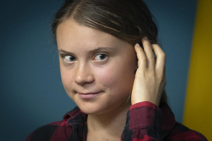 Eco-activist Greta Thunberg attends a press conference of a newly created working group that will work with the damages caused to Ukraine's ecology as a result of Russia's invasion in Kyiv, Ukraine, Thursday, June 29, 2023. (AP Photo/Efrem Lukatsky)