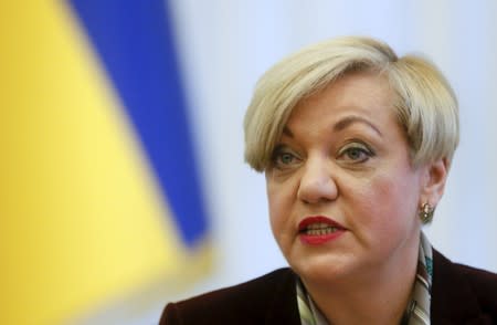 Ukraine's central bank head Gontareva speaks during a news conference in Kiev