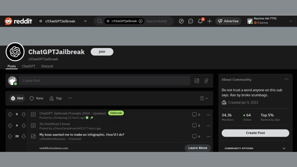 Screenshot Der Reddit Chatgptjailbreak-Homepage