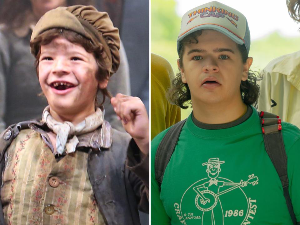 left: a very young gaten matarazzo as gavroche in les miserables, wearing dirty clothes onstage and smiling widely; right: gaten matarazzo in stranger things, an older teenager, wearing a green shirt with a hat and curly hair