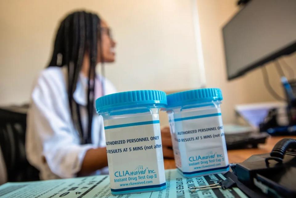 Drug test cups at the Opiate Treatment Outpatient Program at Zuckerberg San Francisco General Hospital on July 20, 2023. The program uses reward incentives to combat substance abuse and addiction.