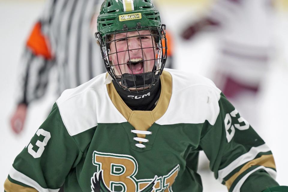 Hendricken's Nick Stevens lets out a yell of celebration after scoring midway through the third period, a goal that helped the Hawks put the finishing touches on their eventual 6-2 win over La Salle.