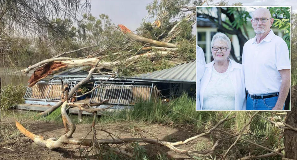 The gum tree on top of the houseboat at Renmark, which appears flattened. Inset is a picture of Pamela and David. 