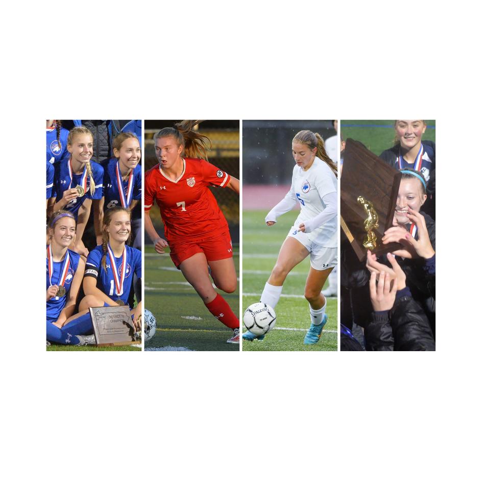 This is a composite image of girls soccer from the 2022 season, including some members of the Erie Times-News All-District 10 teams. Pictured are, from left, members of Fort LeBoeuf's team posing with the District 10 Class 2A championship trophy; General McLane's Brooklyn Respecki; Fort LeBoeuf's Emily Samluk; and members of McDowell's team posing with the District 10 Class 4A championship trophy.