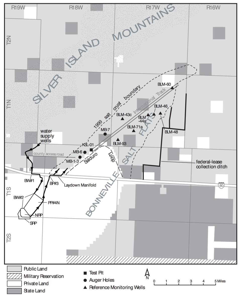 This diagram from the BLM report on the five year salt laydown project, which ran from 1997 to 2002 shows the area involved in the project, areas monitored and the transfer route of the brackish water from supply wells to evaporation ponds south of I-80, then back north of I-80 to the laydown manifold for discharge of the high-salt content water to the Salt Flats.