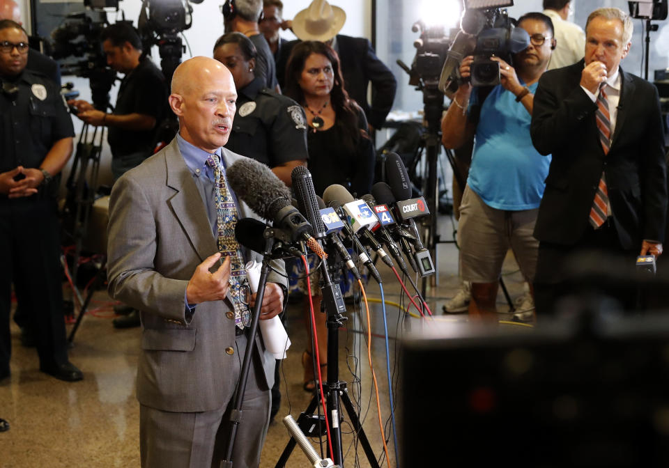 Dallas County District Attorney John Creuzot responds to questions during a new conference following the sentencing phase of the Amber Guyger murder trial at Frank Crowley Courts Building in Dallas, Wednesday, Oct. 2, 2019. (AP Photo/Tony Gutierrez)