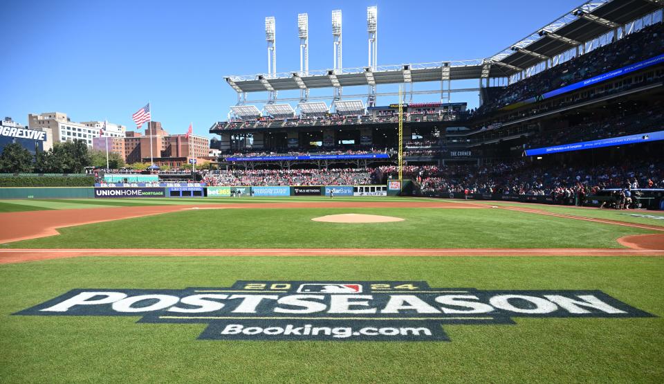 General view of the postseason logo on the field before Game 1 of the ALDS between the Tigers and Guardians, Oct. 5, 2024, in Cleveland.