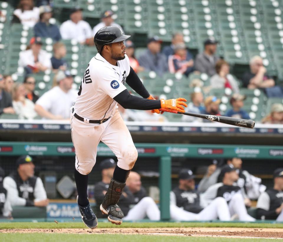 Detroit Tigers third baseman Jeimer Candelario bats against the Pittsburgh Pirates during the second inning Wednesday, May 4, 2022 at Comerica Park.