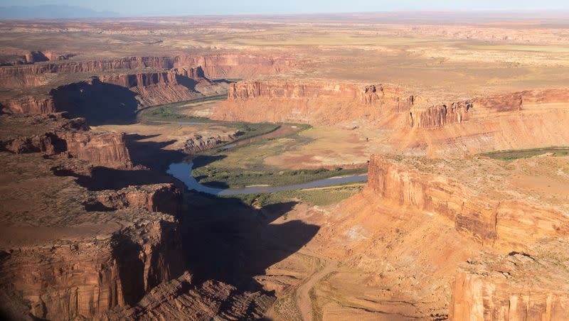 A view over Labyrinth Canyon and the Green River from an EcoFlight above one of the areas that will be impacted by the Labyrinth Canyon and Gemini Bridges Travel Plan on Sept. 22, 2023.