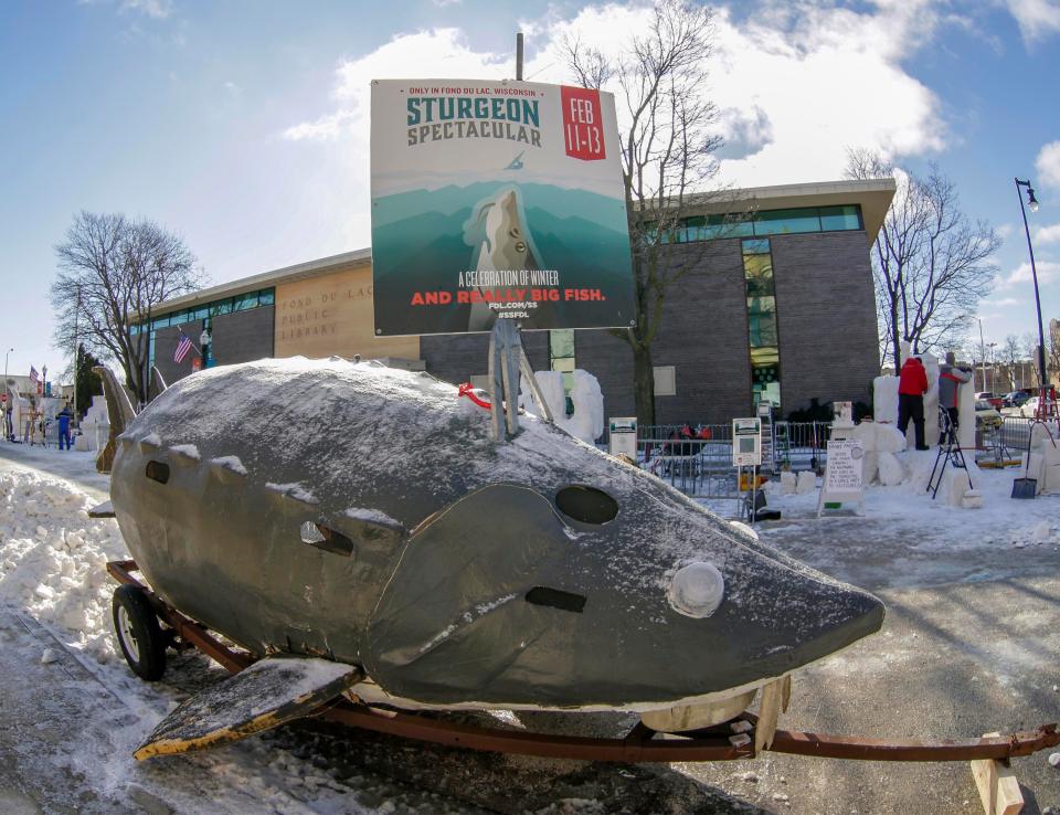 A huge Sturgeon with wheels is parked outside of the Thelma Sadoff Center of the Arts, Saturday, February 12, 2022, in Fond du Lac, Wis.