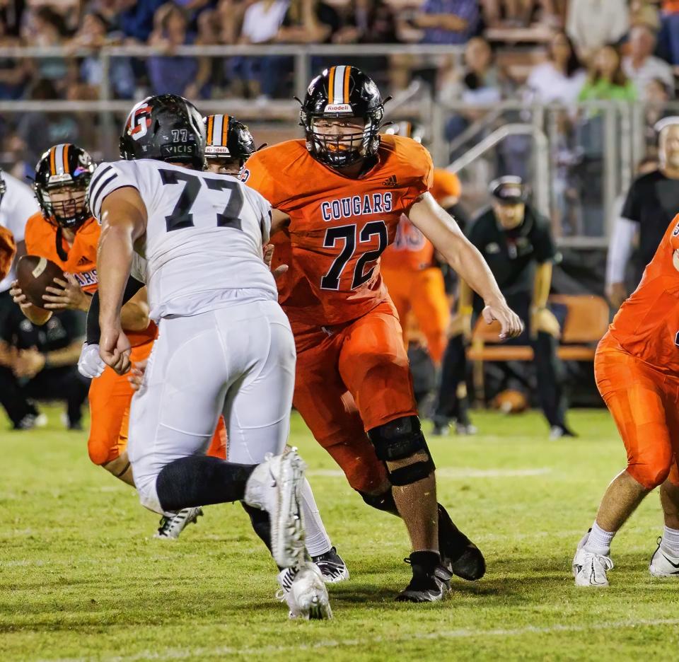 Middle Tennessee Christian offensive lineman Jesse Perry (72) blocks during a 2022 game. Perry has received numerous college offers, including Tennessee.