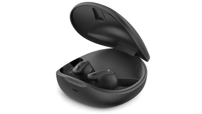 The Sennheiser Conversation Clear Plus wireless earbuds in their charging case with the lid open against a white background.