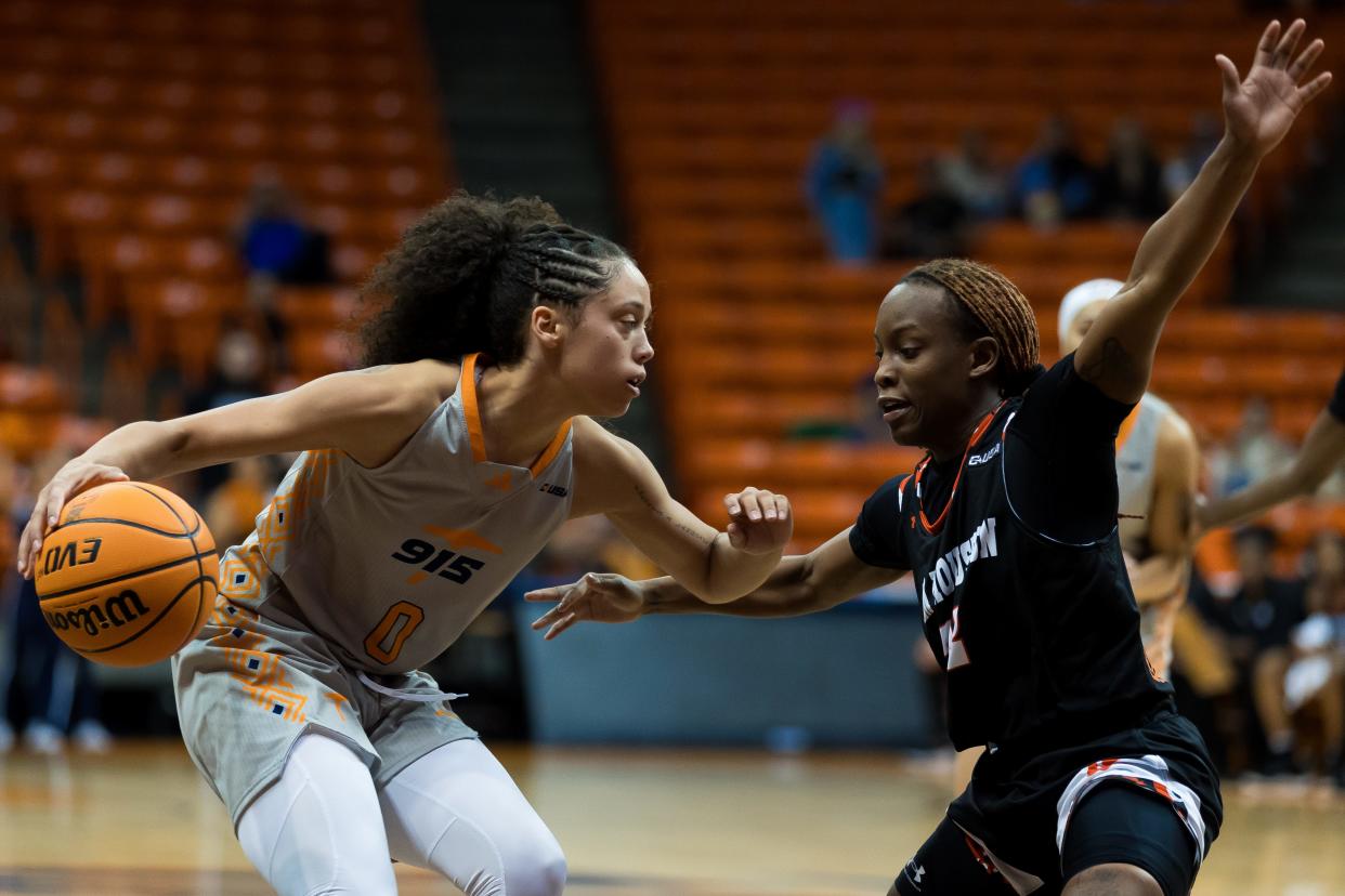 UTEP'S Mahri Petree (0) dribbles the ball past Sam Houston at a women's basketball game on Saturday, Jan. 27, 2024, at the Don Haskins Center in El Paso, Texas.