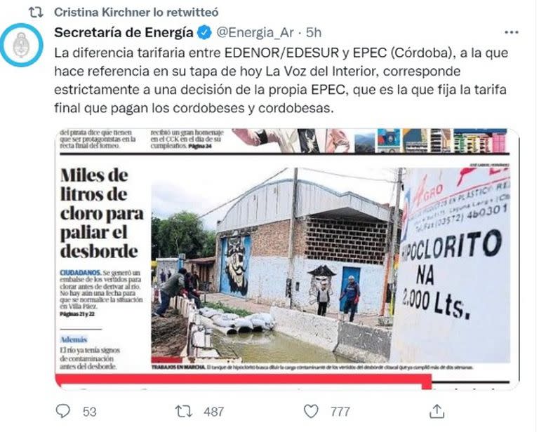 La vicepresidenta retuiteó publicaciones de la Secretaría de Energía sobre la queja del gobierno de Córboba por las tarifas del servicio eléctrico