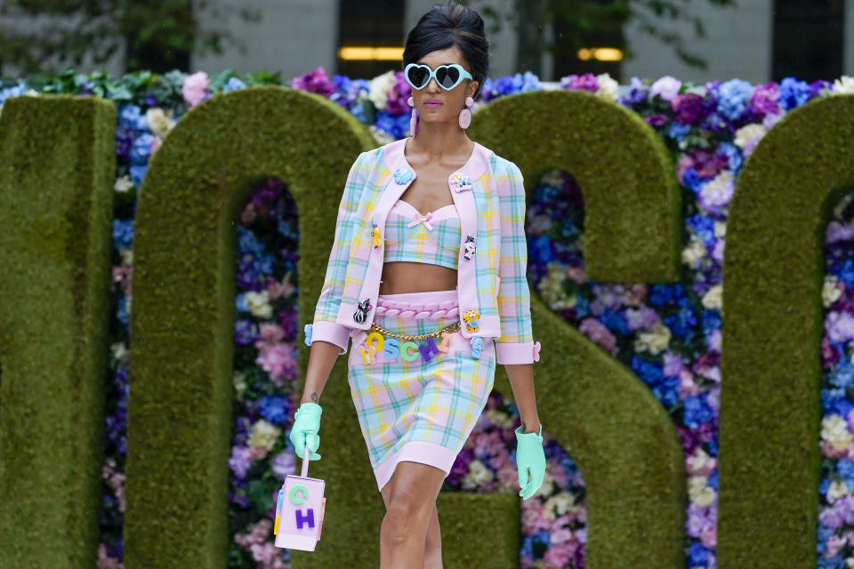 The Moschino collection is modeled during New York Fashion Week, Thursday, Sept. 9, 2021. (AP Photo/Mary Altaffer)