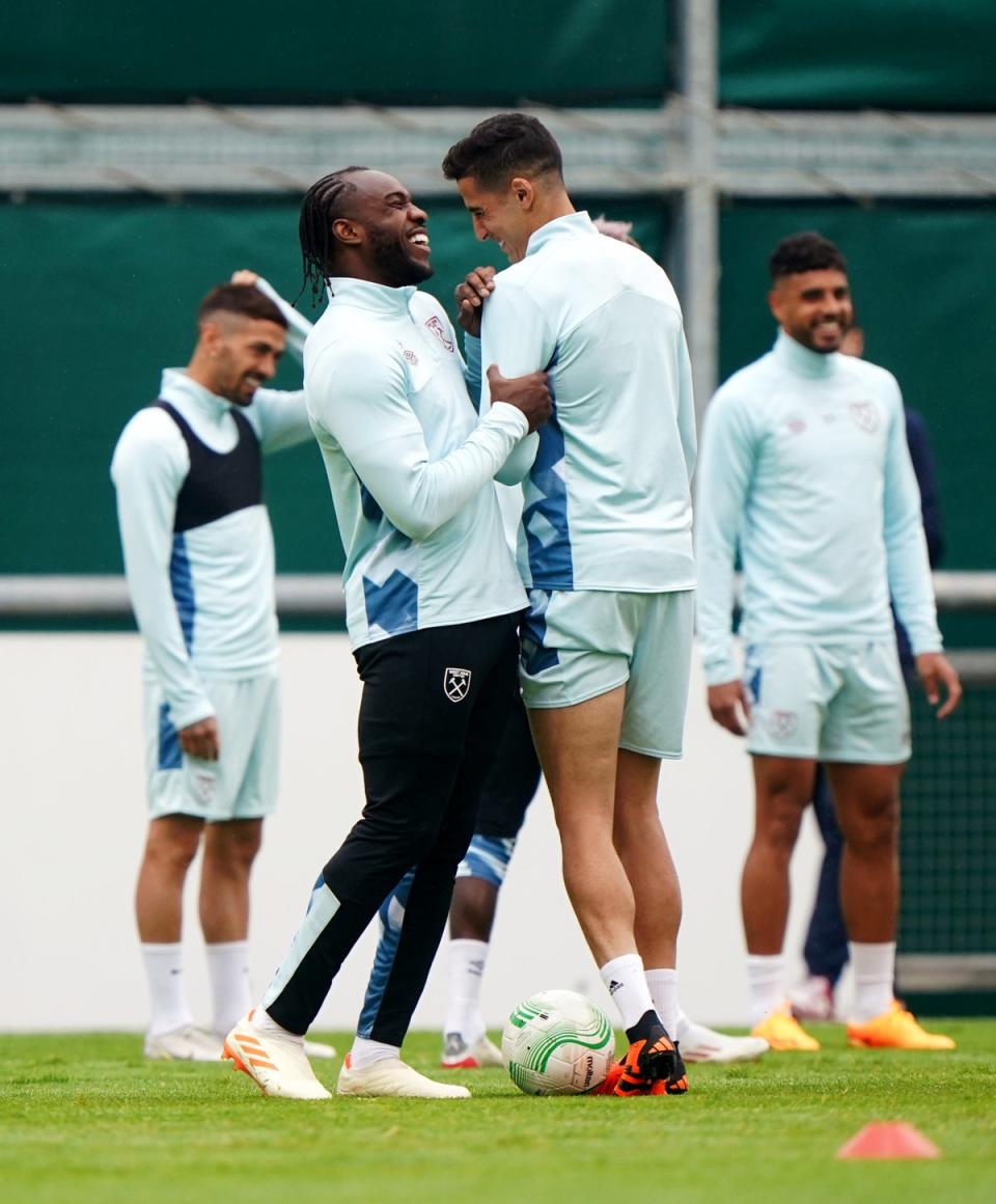 Happy Hammers: Michail Antonio and Nayef Aguerd in training