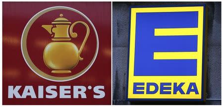 A combination of two pictures show the logo of grocery chain Kaiser's (L) and Edeka in Berlin, Germany, January 12, 2016. REUTERS/Fabrizio Bensch