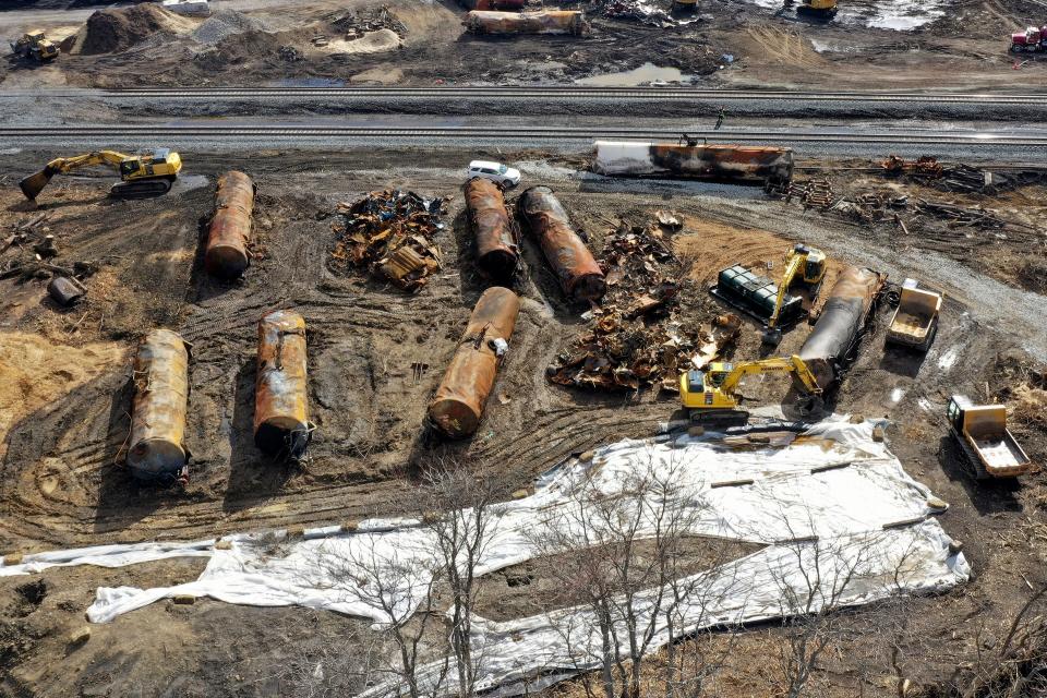 A view of the scene Feb. 24 as cleanup continued at the site of of a Norfolk Southern freight train derailment that happened on Feb. 3 in East Palestine.