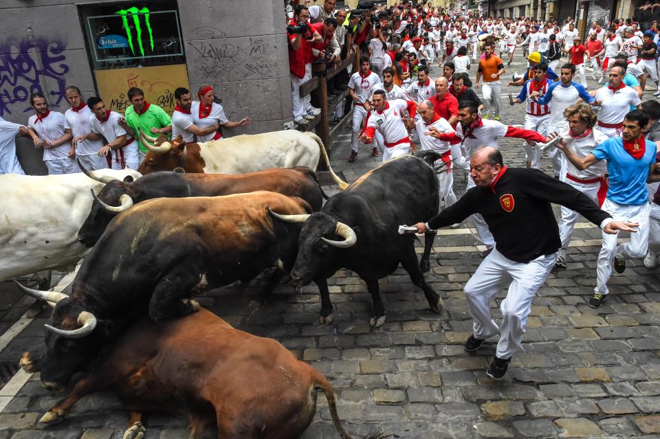 PAMPLONA, SPAIN - JULY 08:  Revellers run with the Tajo and the Reina's fighting bulls entering Estafeta street during the third day of the San Fermin Running of the Bulls festival on July 8, 2015 in Pamplona, Spain. The annual Fiesta de San Fermin, made famous by the 1926 novel of US writer Ernest Hemmingway entitled 'The Sun Also Rises', involves the daily running of the bulls through the historic heart of Pamplona to the bull ring.  (Photo by David Ramos/Getty Images)