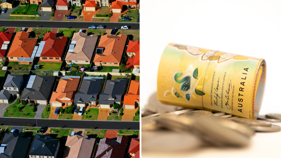 Aerial view of Australian houses, rolled up Australian $50 notes and coins.