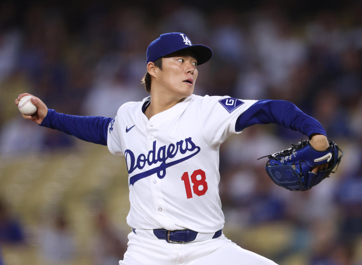 Yoshinobu Yamamoto's return Tuesday against the Chicago Cubs provided the Dodgers some renewed optimism about their starting pitching. (Photo by Harry How/Getty Images)