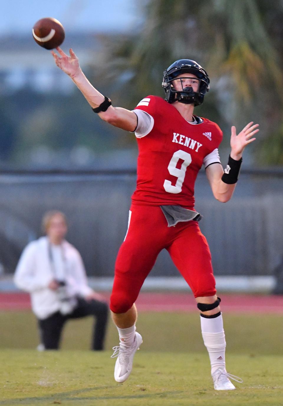 Bishop Kenny quarterback (9) James Resar launches a pass during early first quarter action. The Bishop Kenny Crusaders football team hosted the Baker County Wildcats  Friday, October 1, 2021.