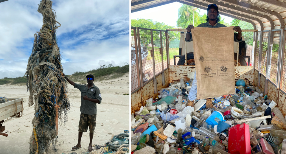 Dhimurru Rangers Kim Wunungmurra, left, and Boaz Wanambi, with ghost nets and rubbish thats' washed ashore along the Arnhem Land coast. Source: Australian Marine Conservation Society


