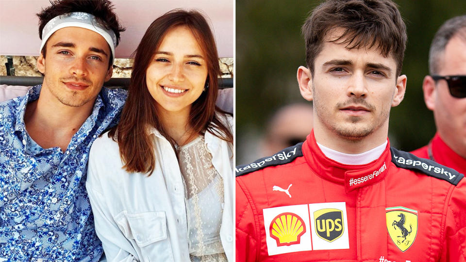 Charles Leclerc and girlfriend Charlotte Sine, pictured here in F1 and on Instagram.