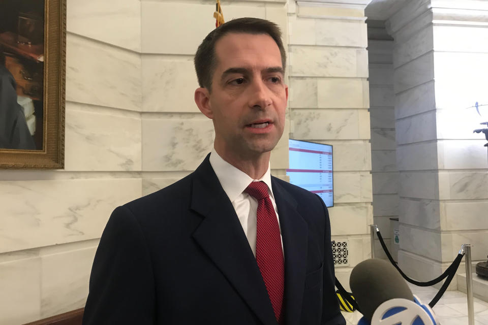 FILE - In this Nov. 4, 2019 file photo, Republican U.S. Sen. Tom Cotton talks to reporters after filing for re-election at the Arkansas state Capitol in Little Rock, Arkansas. Josh Mahony, the Democratic candidate hoping to unseat Cotton in Arkansas has dropped out of the race, citing a family health concern. Josh Mahony announced on Twitter Tuesday, Nov. 12, 2019, that he was dropping out of the race, hours after the filing deadline for Arkansas expired. Mahony was the only Democrat who had filed to run against Cotton. (AP Photo/Andrew Demillo. File)