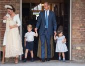 <p>Kate Middleton looked adoringly at Prince Louis while leaving his christening ceremony alongside the rest of her family.</p>