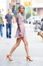 <p>The <i>Bad Blood</i> singer was seen leaving her Tribeca loft in a lavender lace Free People dress and a pair of classic Arika Nerguiz mary jane heels. Photo: Getty Images</p>