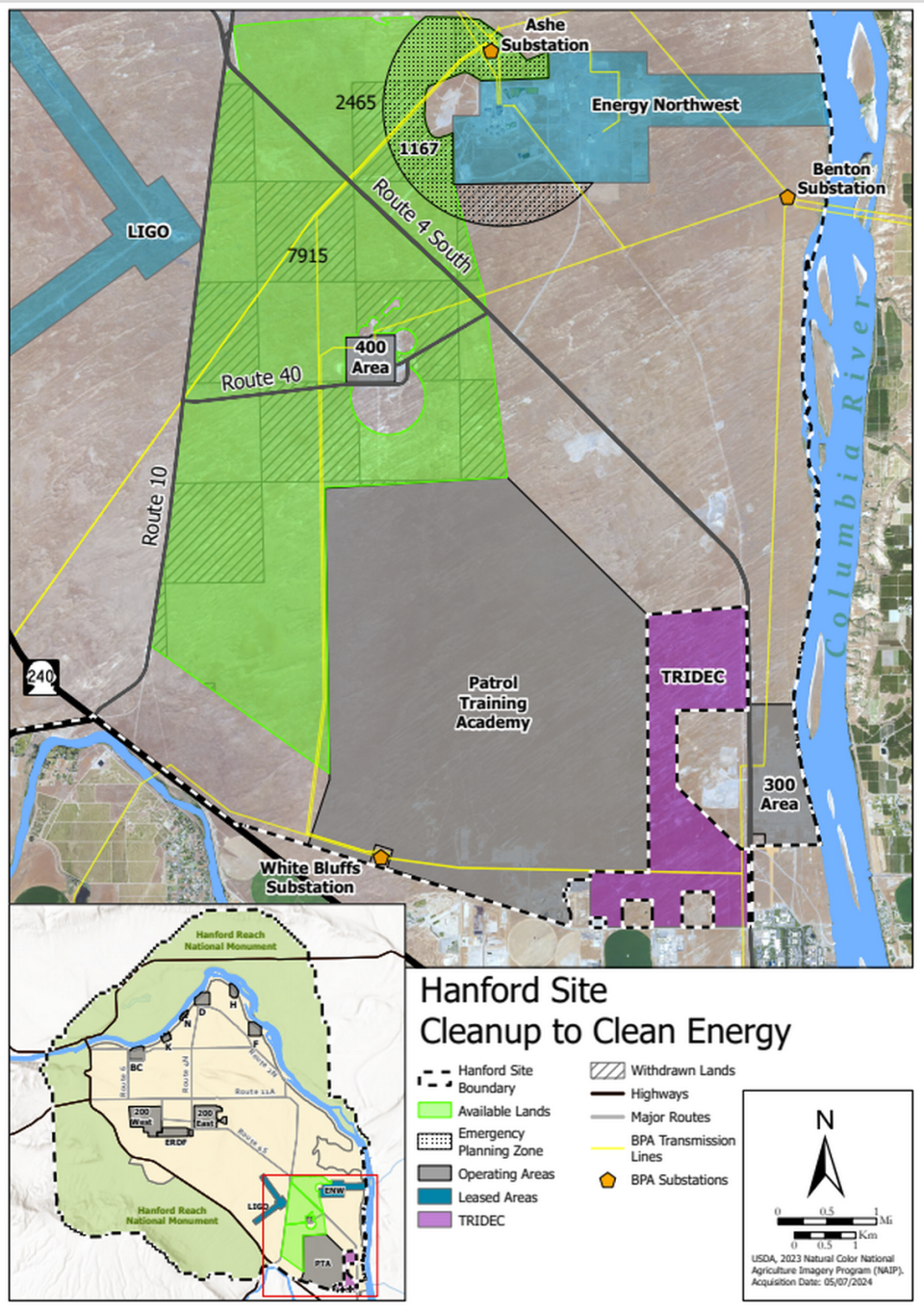 Land proposed for a gigawatt-scale solar photovoltaic system with battery storage on unused land on the Hanford nuclear site is shown in green.