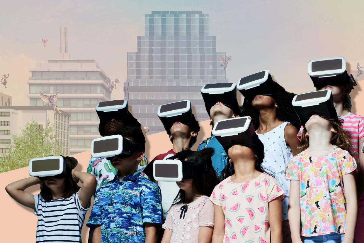 Photo collage of a group of kids wearing VR headsets against a video game background