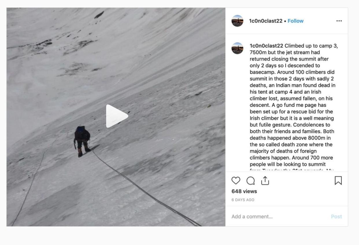 Mr Fisher's Instagram page shows a lengthy post speaking about his concerns with the large queues near the summit of Mount Everest.