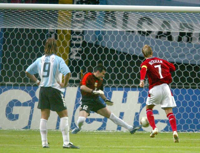 England captain David Beckham scores a penalty against Argentina at the 2002 World Cup.