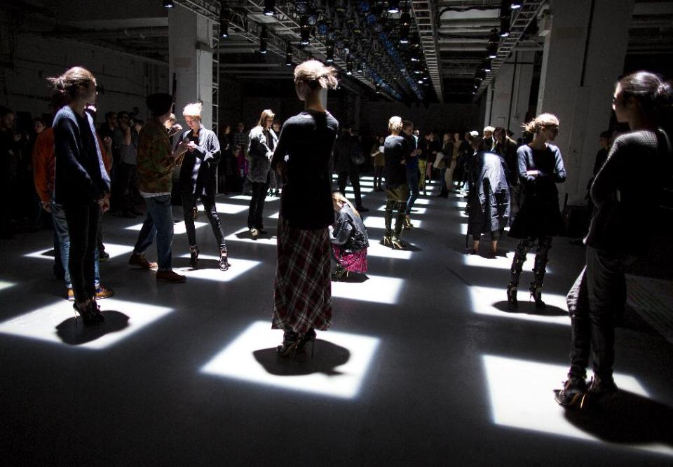 Models rehearse on the runway at the presentation of the Prabal Gurung Fall 2013 fashion collection during Fashion Week, Saturday, Feb. 9, 2013, in New York. (AP Photo/Craig Ruttle)