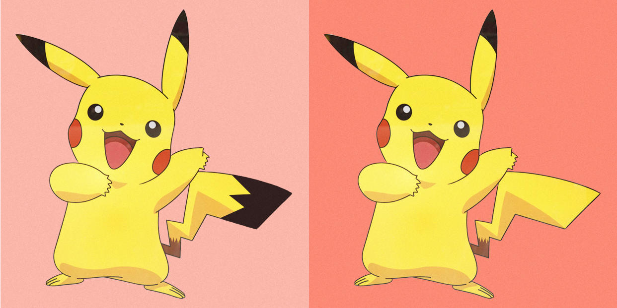 Two images of Pikachu, in the left image his tail has a brown tip. (Owen Berg / TODAY Illustration / Getty Images)