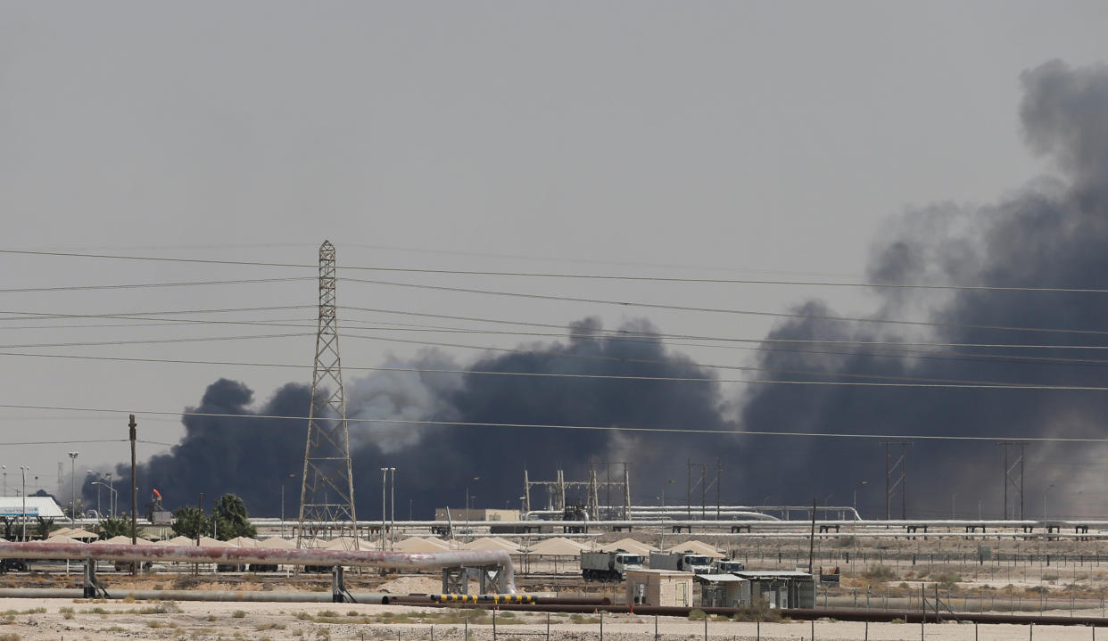 Smoke is seen following a fire at Aramco facility in the eastern city of Abqaiq, Saudi Arabia, September 14, 2019. REUTERS/Stringer