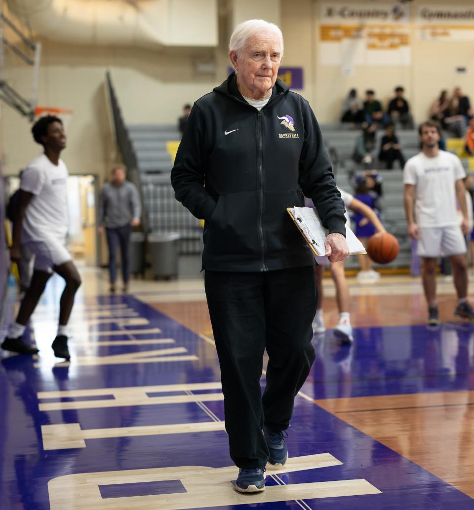 Jim Harney, the longtime North Kitsap coach who retired in 1997 after winning 362 during his coaching career, still walks the sidelines every game as an 87-year-old assistant to coach Scott Orness.