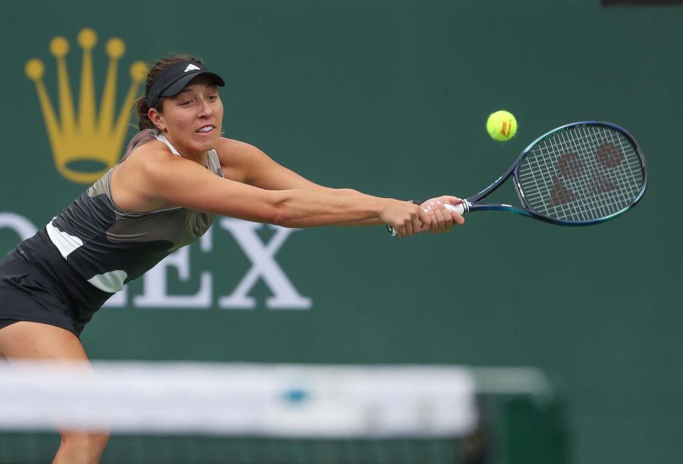 Jessica Pegula reaches for a shot during her match against Petra Kvitova at the BNP Paribas Open in Indian Wells, Calif., March 14, 2023. 