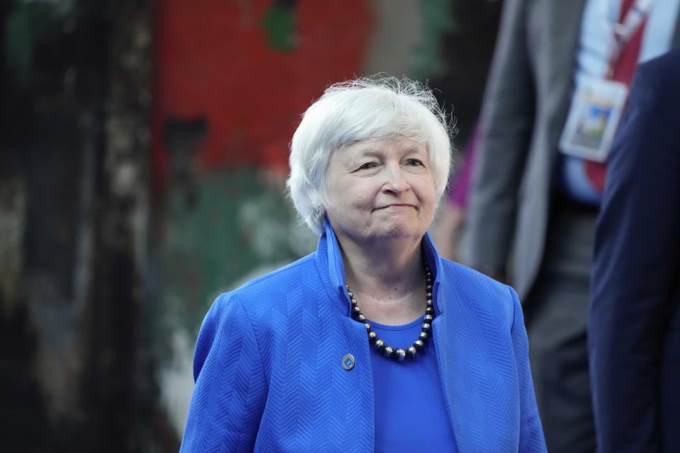 United States Secretary of the Treasury Janet Yellen arrives to attend a press conference at a G20 Economy, Finance ministers and Central bank governors' meeting in Venice, Italy, Sunday, July 11, 2021. (AP Photo/Luca Bruno)