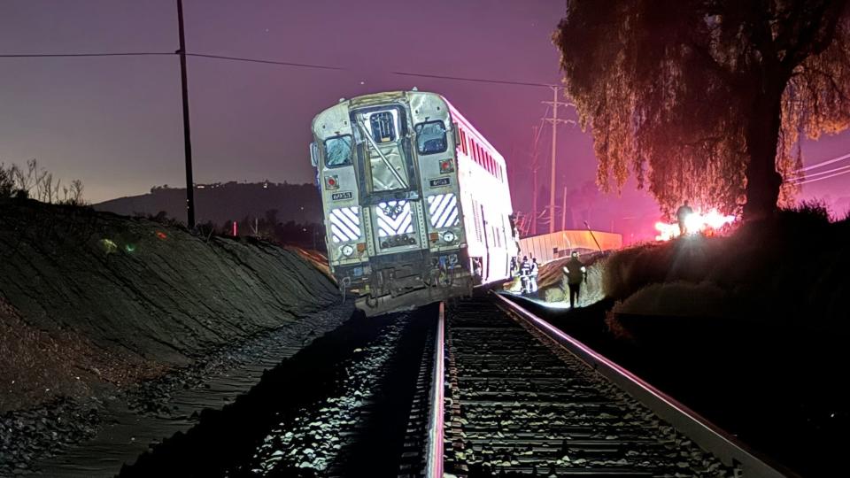 An Amtrak passenger car partially derailed after the southbound train struck a big rig in the Somis area on Tuesday night.